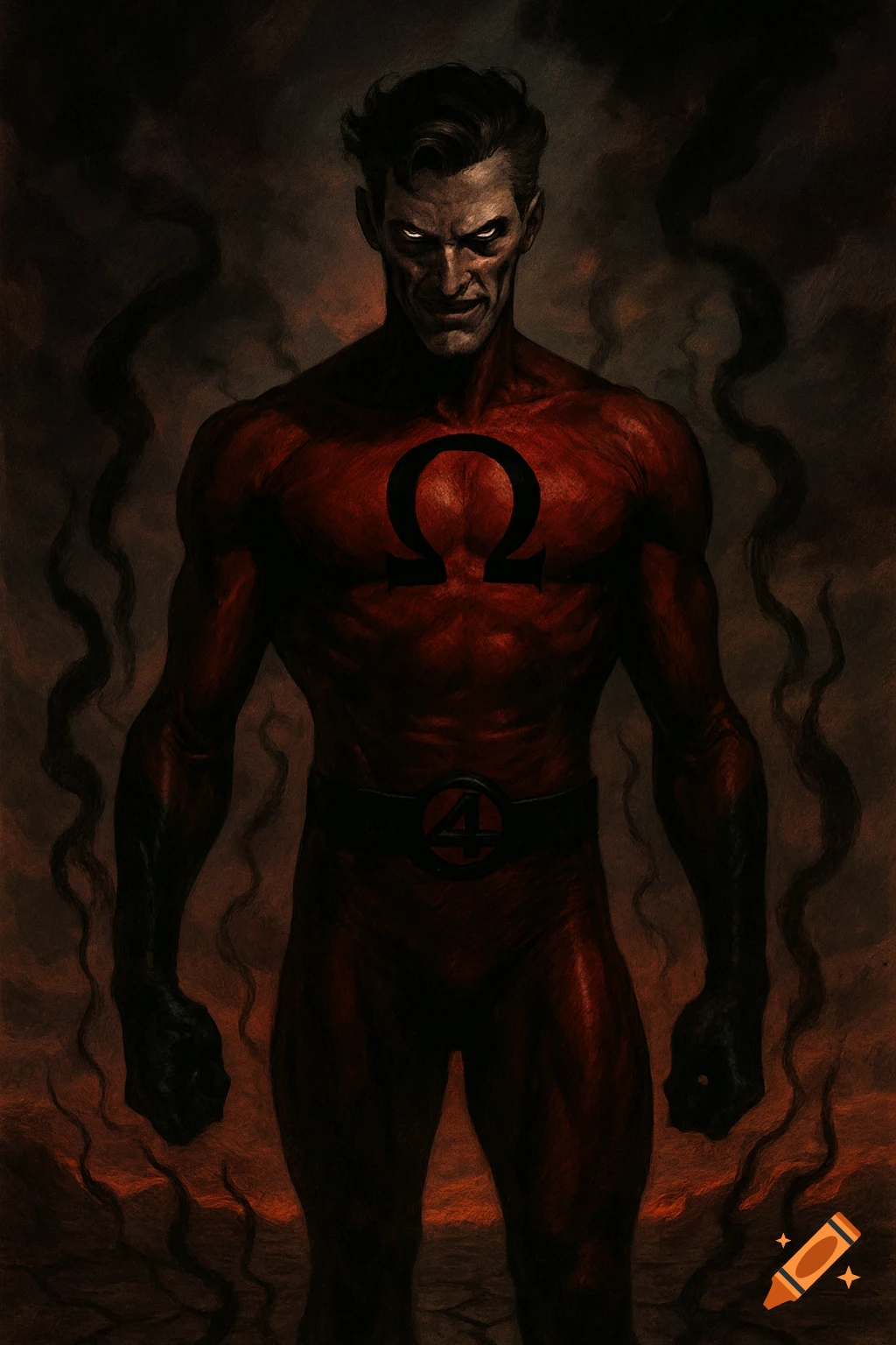 A menacing man in a red superhero suit with an Omega symbol and Fantastic Four belt, glowing eyes, surrounded by dark smoke.
