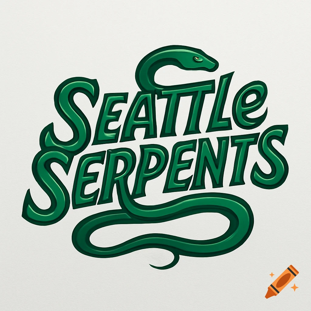 Green logo with the words 'Seattle Serpents' in a stylized font, featuring a coiled snake as part of the design.