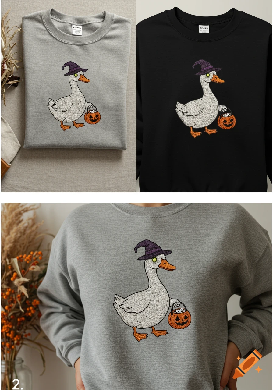A gray and a black sweatshirt flat lay mockup, and a model wearing a gray sweatshirt, all featuring an embroidered spooky goose with a witch hat and pumpkin bucket.