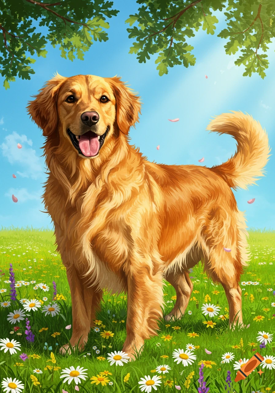 Illustrative image of a happy golden retriever standing in a sunny field of white and purple flowers under a blue sky.