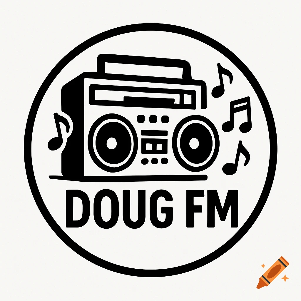 A black and white logo of a boombox surrounded by musical notes inside a circle, with the text "DOUG FM" below it.