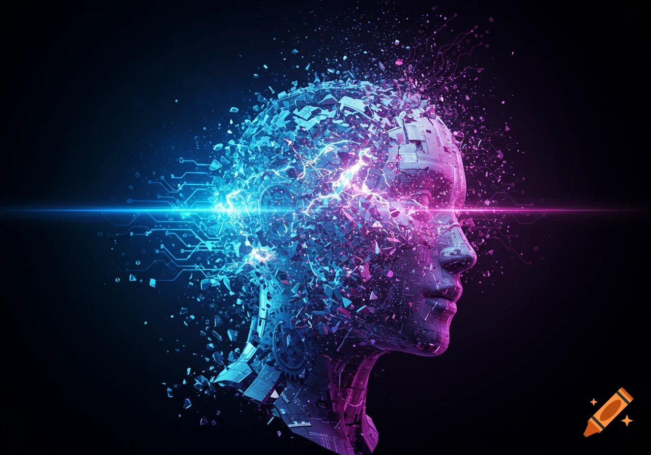 Futuristic digital head exploding into fragments with neon blue and pink lights, circuit board patterns, on a dark background.