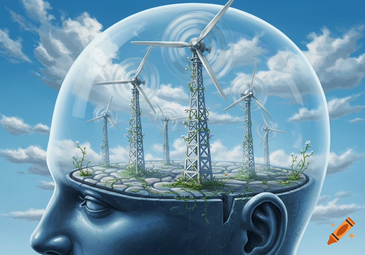 A conceptual digital painting of a human head with windmills and nature inside its transparent brain under a blue sky.