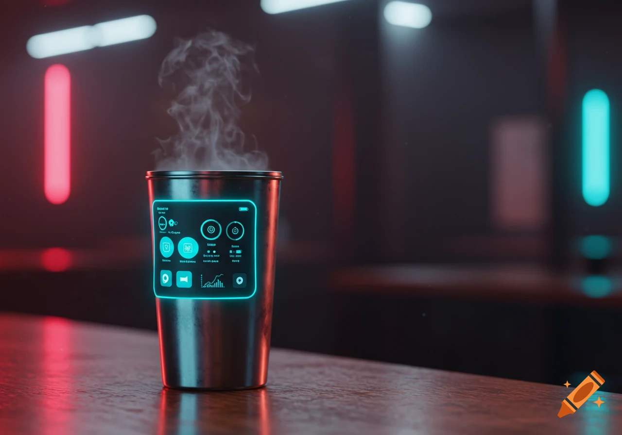 A metallic smart cup with a glowing blue digital display showing icons and graphs, emitting steam on a wooden surface in a dark, neon-lit room.