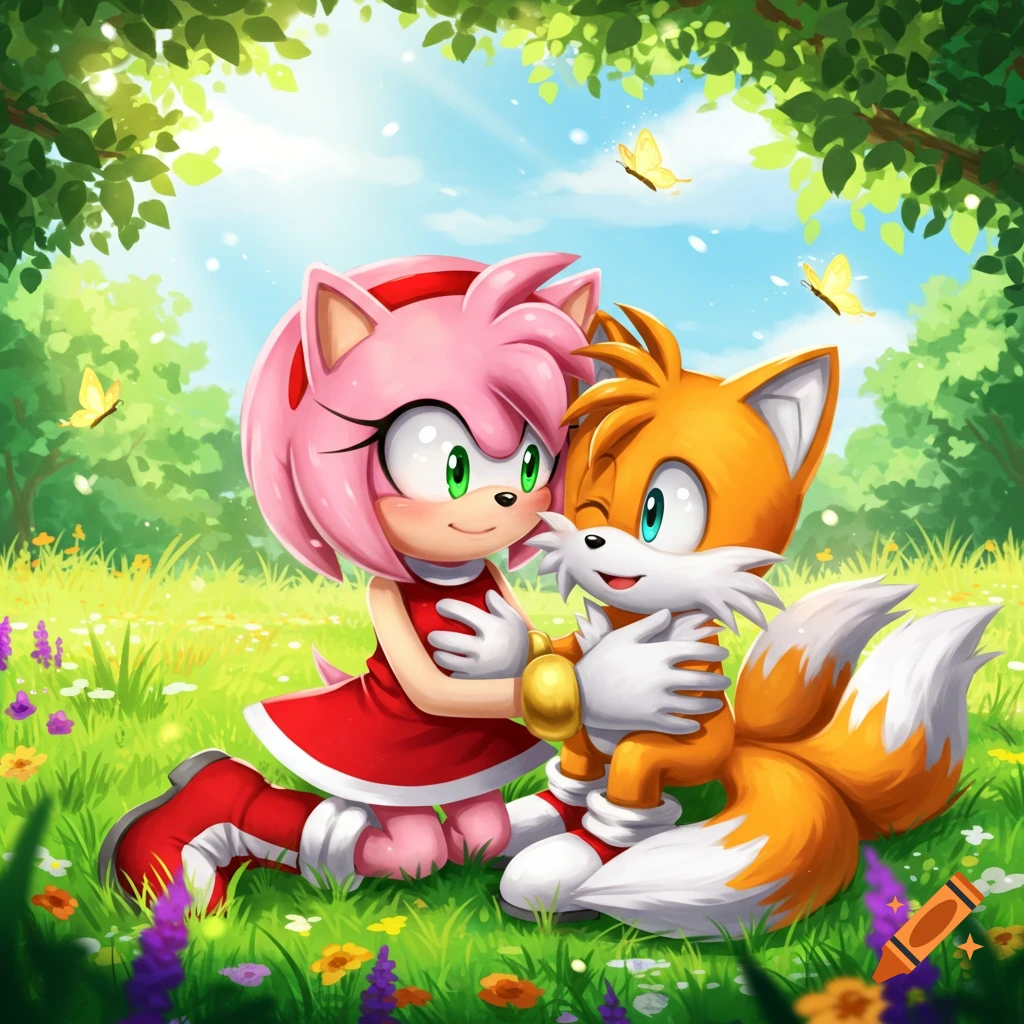Amy Rose hugs Tails in a vibrant, sunny grassy field with butterflies, in an anime art style.