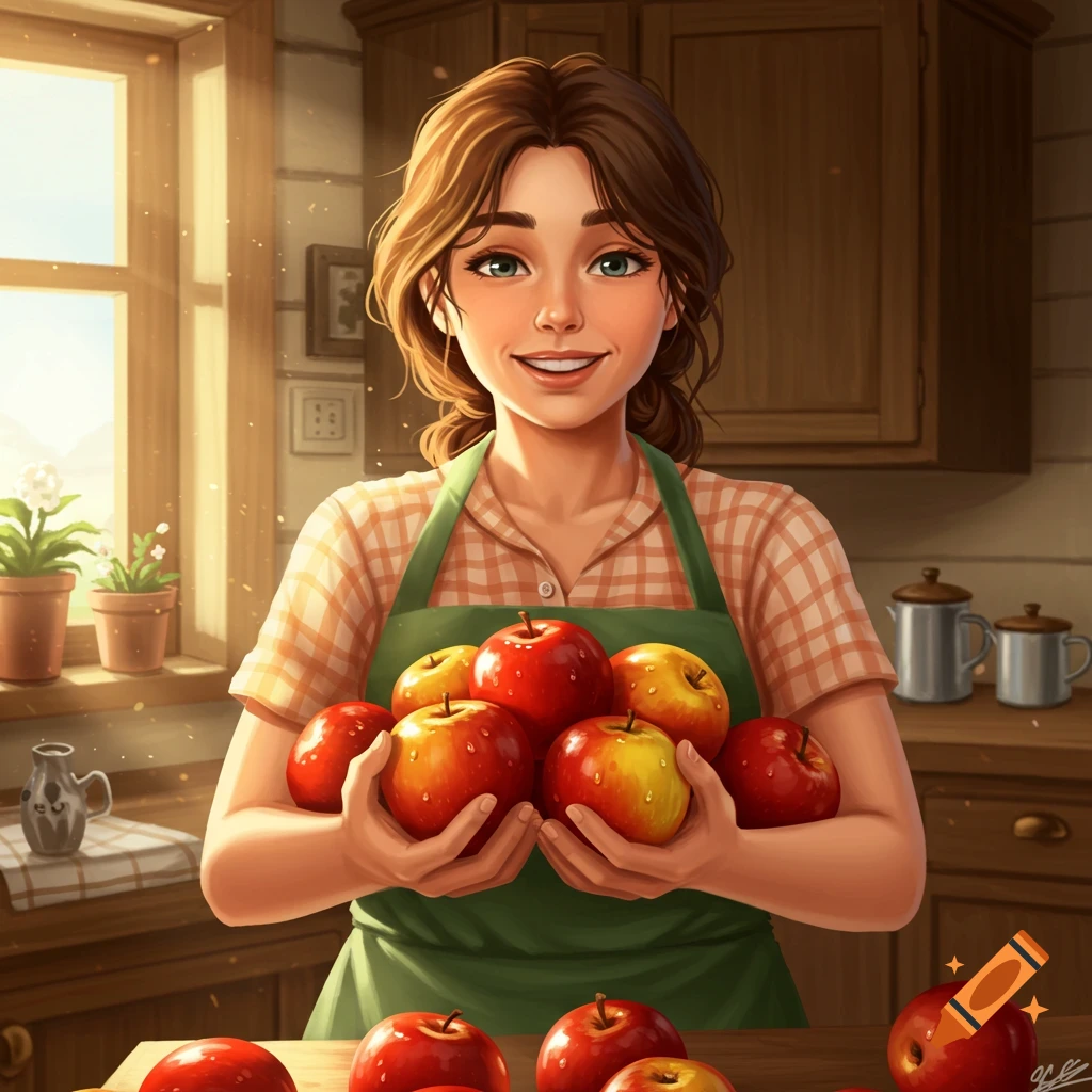 A smiling woman with brown hair, wearing a plaid shirt and green apron, stands in a sunlit kitchen, holding a large armful of red and yellow apples. Digital illustration.
