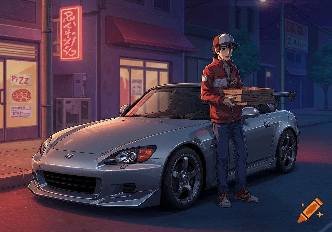 Anime-style illustration of a pizza delivery boy in a red jacket, holding pizzas next to a silver Honda S2000 on a street at night.