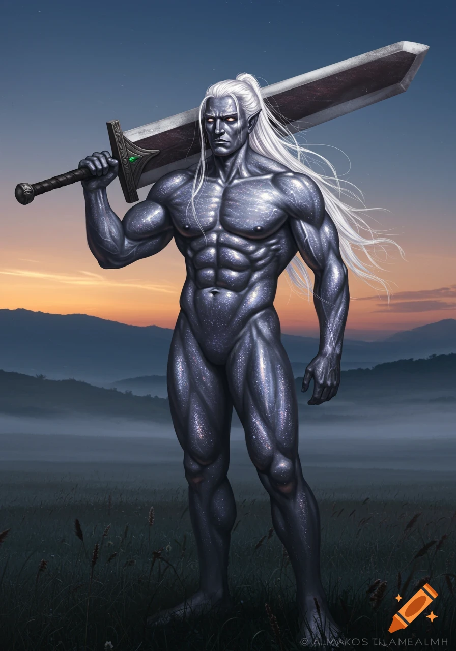 A muscular male dark elf with sparkling silver skin, white ponytail, and glowing eyes, holding a giant broadsword over his shoulder in a misty field.