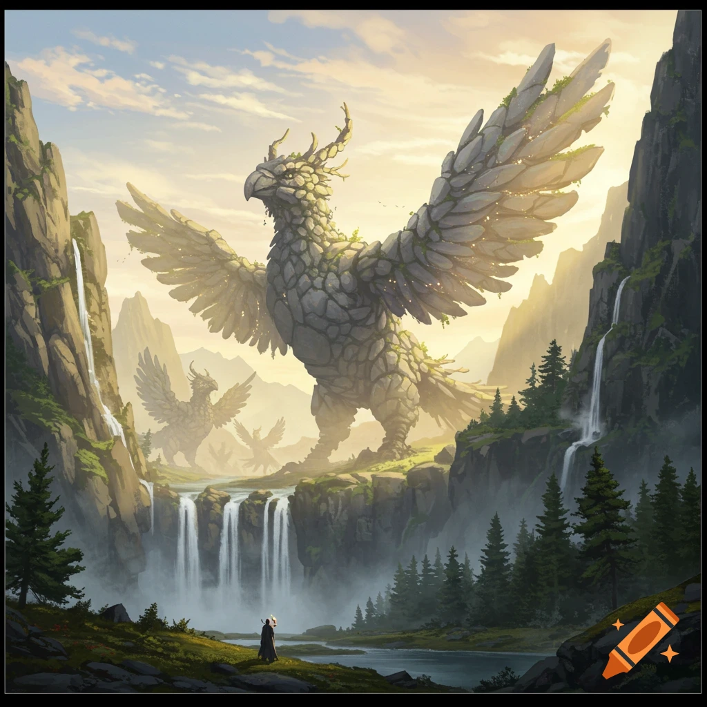 Giant rock bird creatures awaken in a misty fantasy valley with waterfalls and a small human figure, digital art.