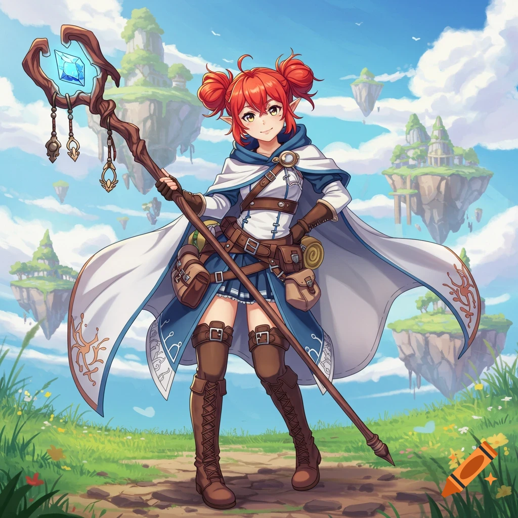 An anime illustration of a red-haired elf woman in adventurer attire, holding a staff, standing on a path with floating islands in the background.