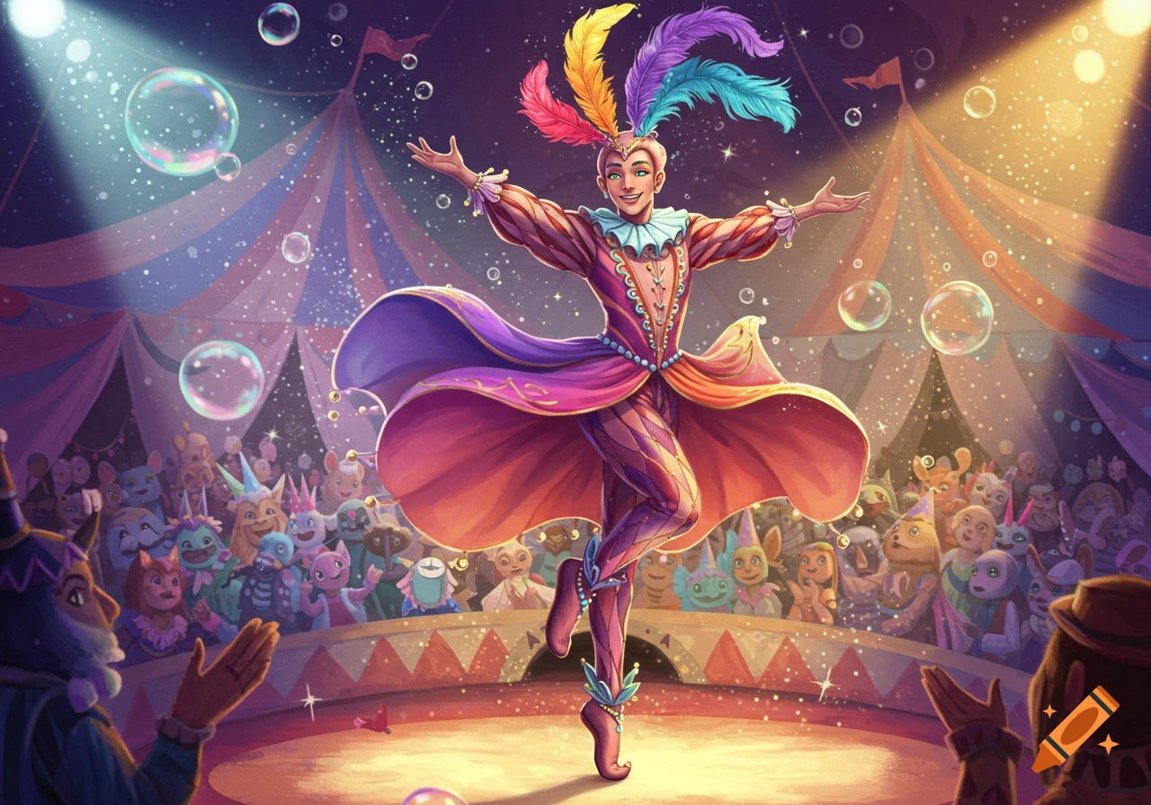 A vibrant jester performs in a circus tent under a spotlight, surrounded by a whimsical audience of fantasy creatures and bubbles, digital art.