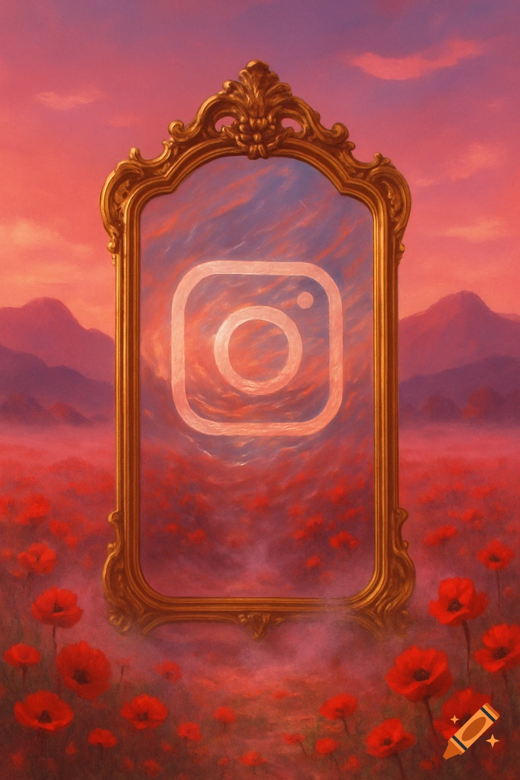 A gold mirror with an Instagram logo reflects a pink and purple sky, surrounded by a field of red flowers and misty mountains.