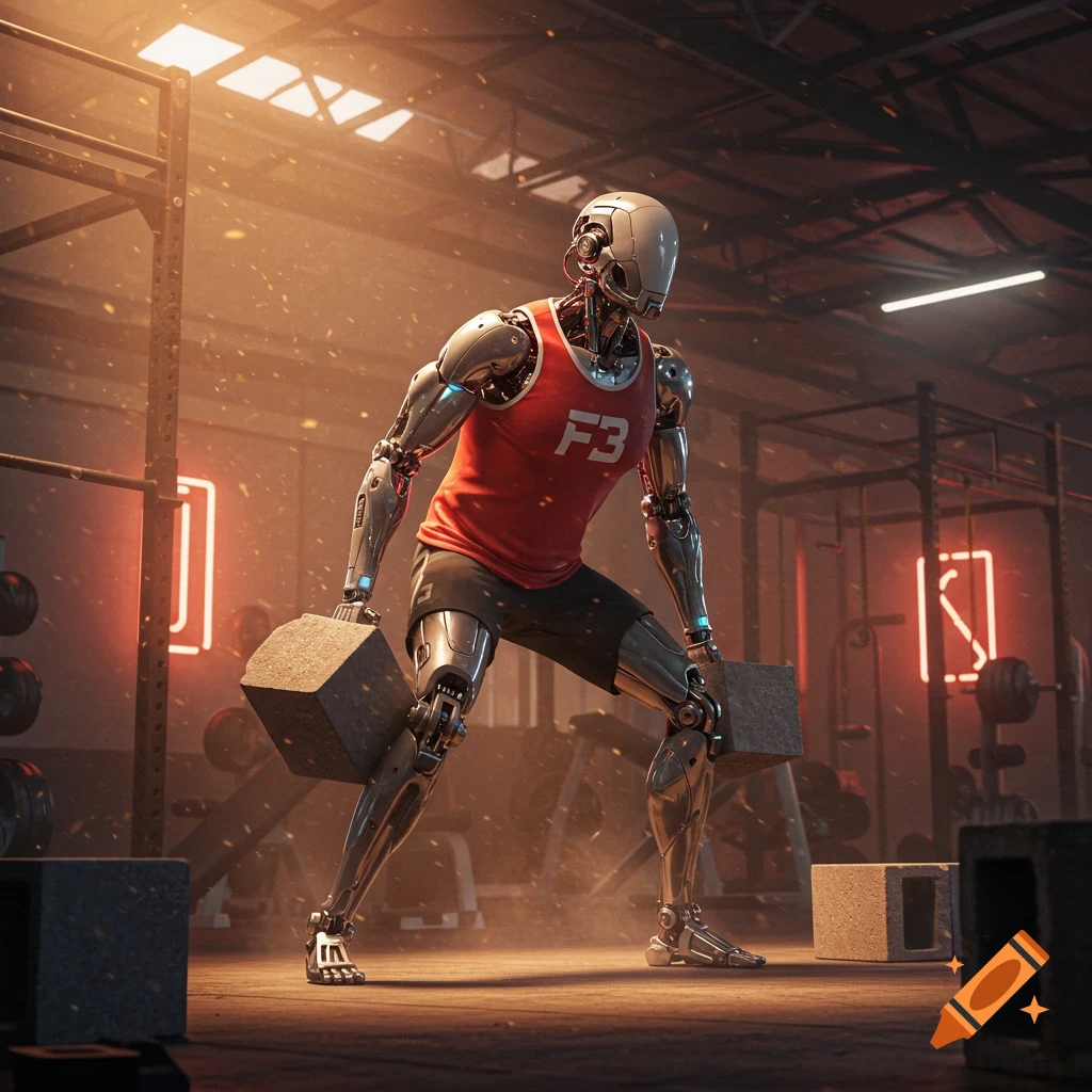 A detailed, photorealistic image of a chrome robot in a red 'F3' tank top and black shorts, lifting cinderblocks in a dimly lit gym.