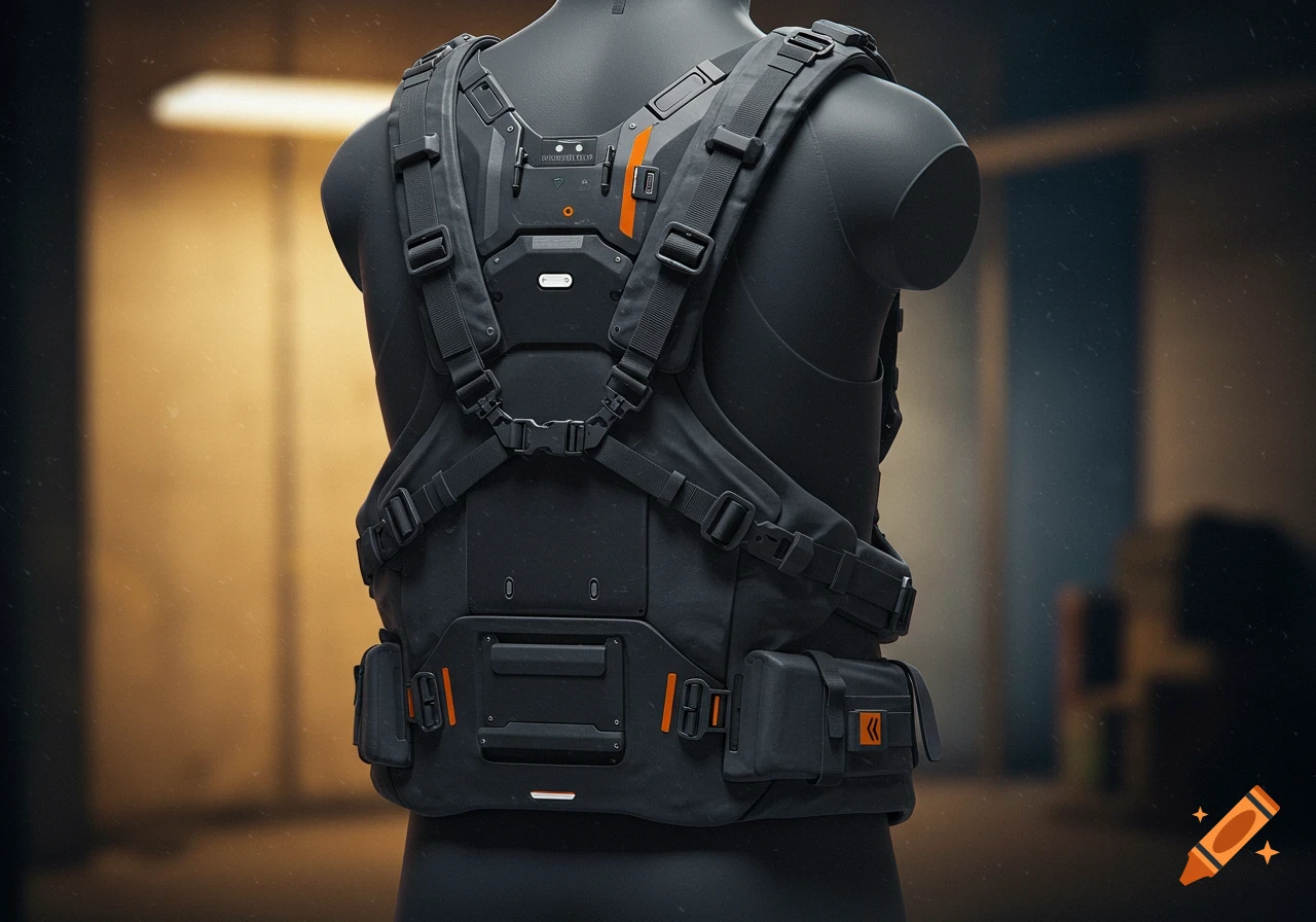 Rear view of a dark grey tactical or futuristic vest with orange accents and multiple straps on a black mannequin.