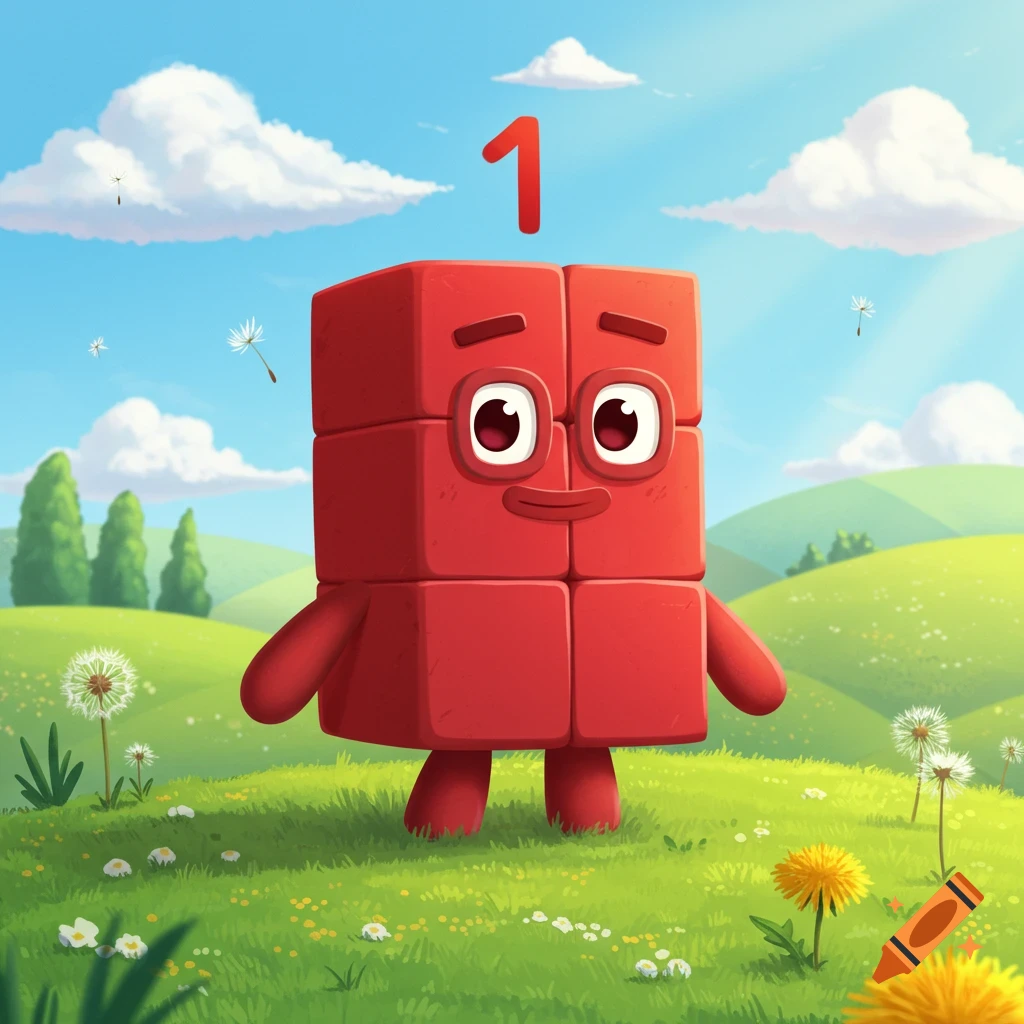 A friendly red block-like cartoon character with the number 1 floating above its head stands in a sunny green meadow.