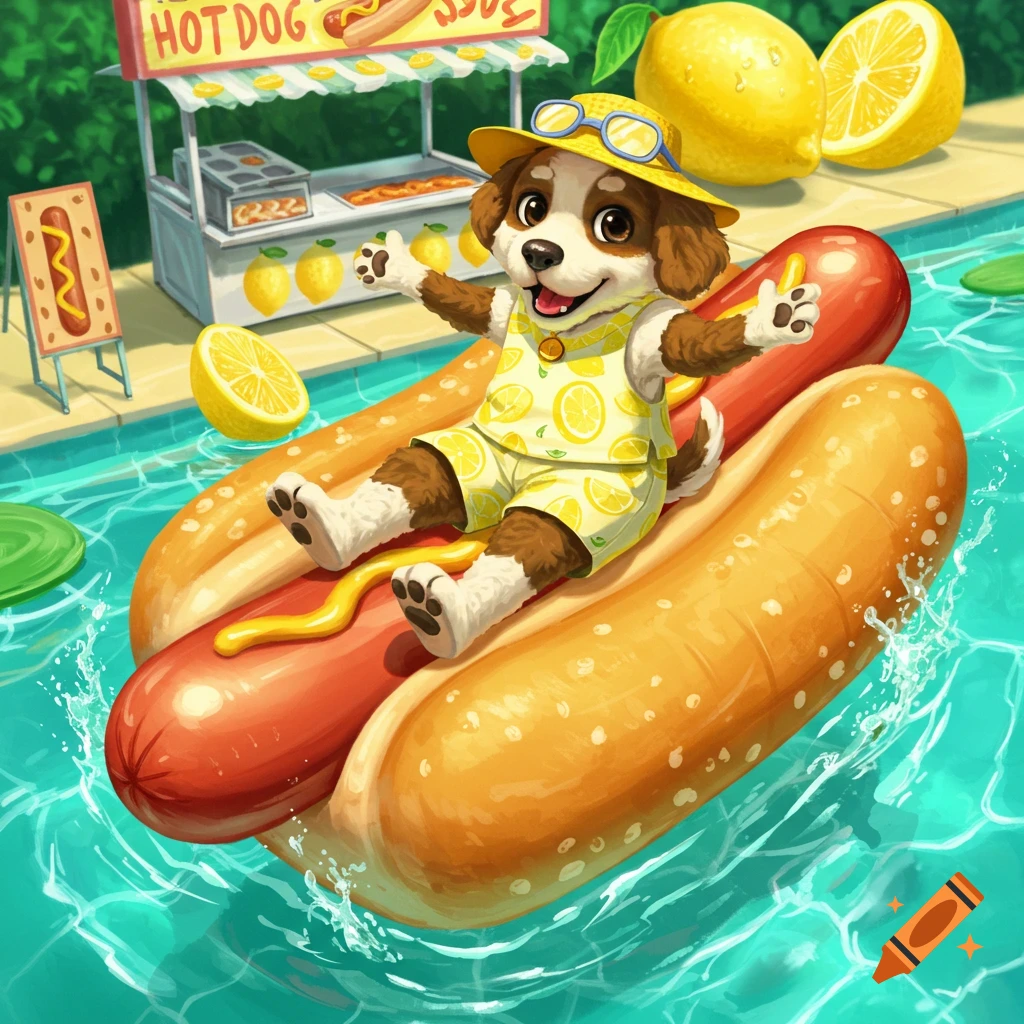 A cute cartoon dog in a lemon-themed outfit floats on a hotdog bun floatie in a swimming pool next to a hotdog stand.