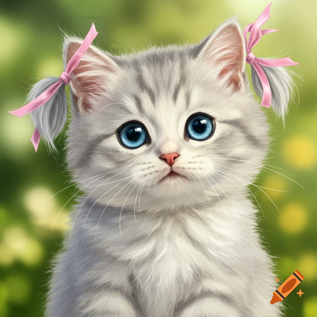 A cute gray and white tabby kitten with large blue eyes and pink bows in its ear tufts, against a soft green background.