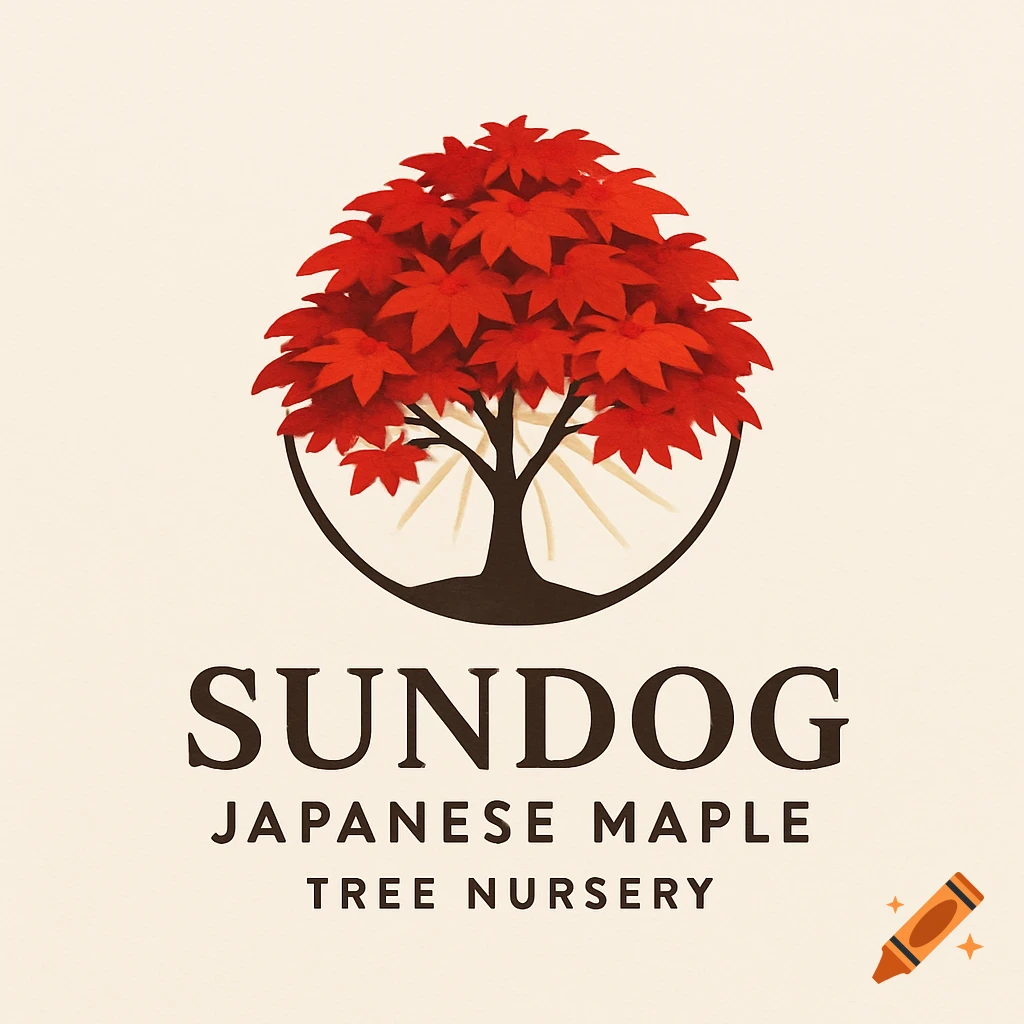 Sundog Japanese Maple Tree Nursery logo featuring a vibrant red maple tree inside a crescent shape.