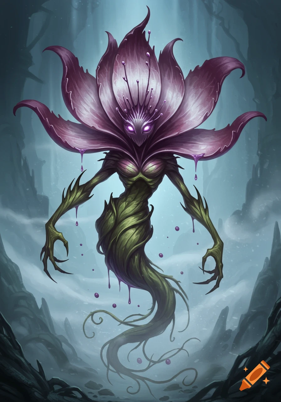 A dark fantasy creature with a purple flower head, glowing eyes, green vine body, thorny claws, and a root-like tail, dripping purple sap in a misty environment.