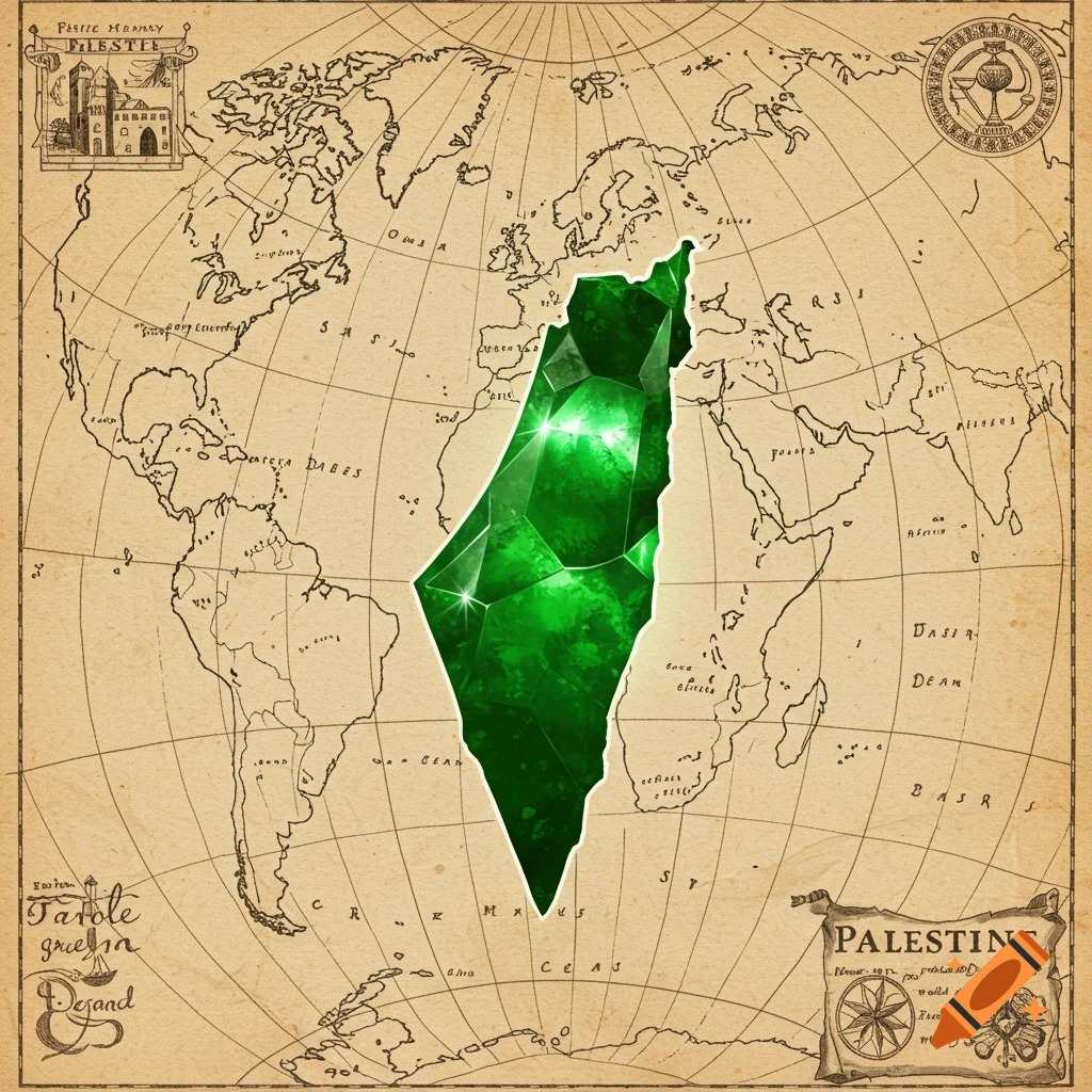 An old world map on aged parchment with the region of Palestine glowing like a faceted green jewel, surrounded by distorted place names.