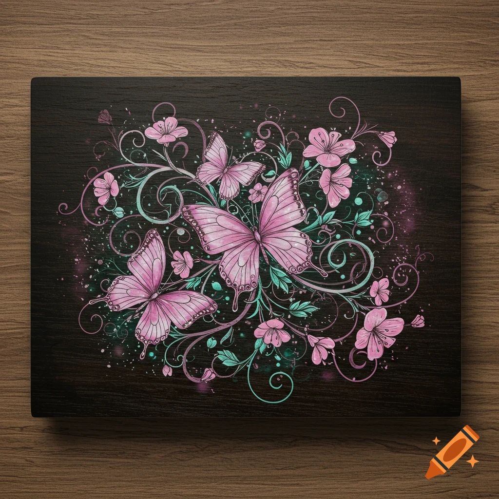 Stylized illustration of pink butterflies, flowers, and teal vines on a dark, glowing wooden surface.