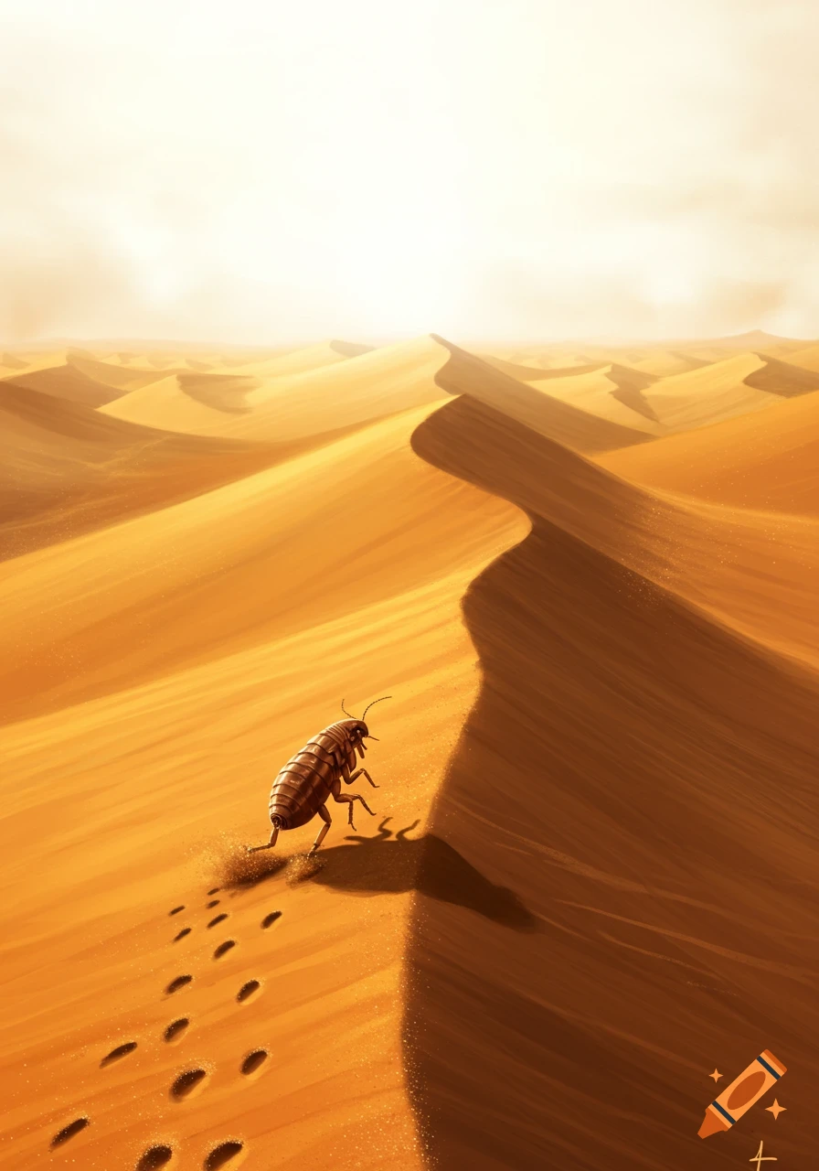 A large beetle-like insect crawls up a sand dune in a sunlit desert, leaving tracks. Digital illustration.