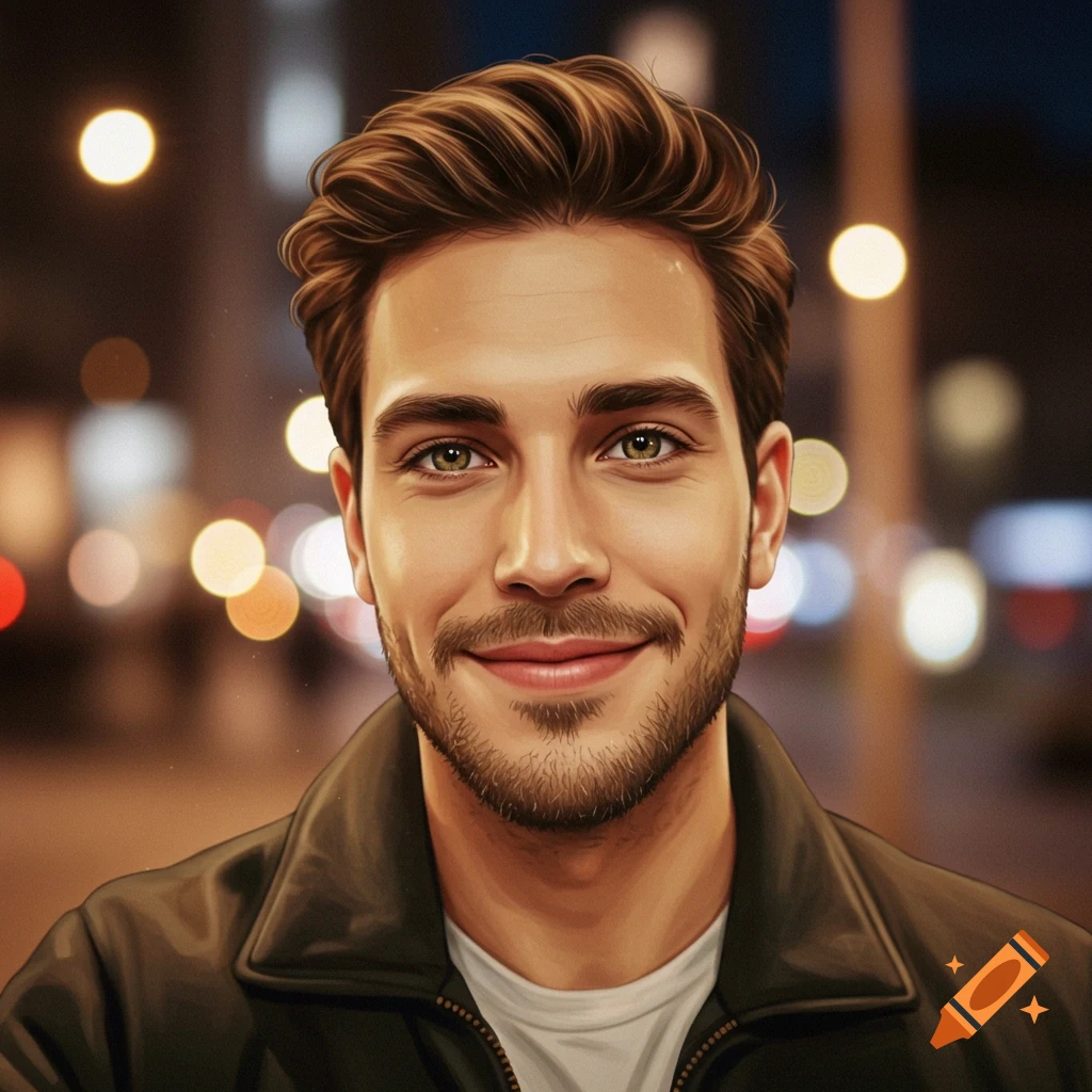 Digital art portrait of a handsome man with brown hair and a beard, smiling against a blurred city night background.