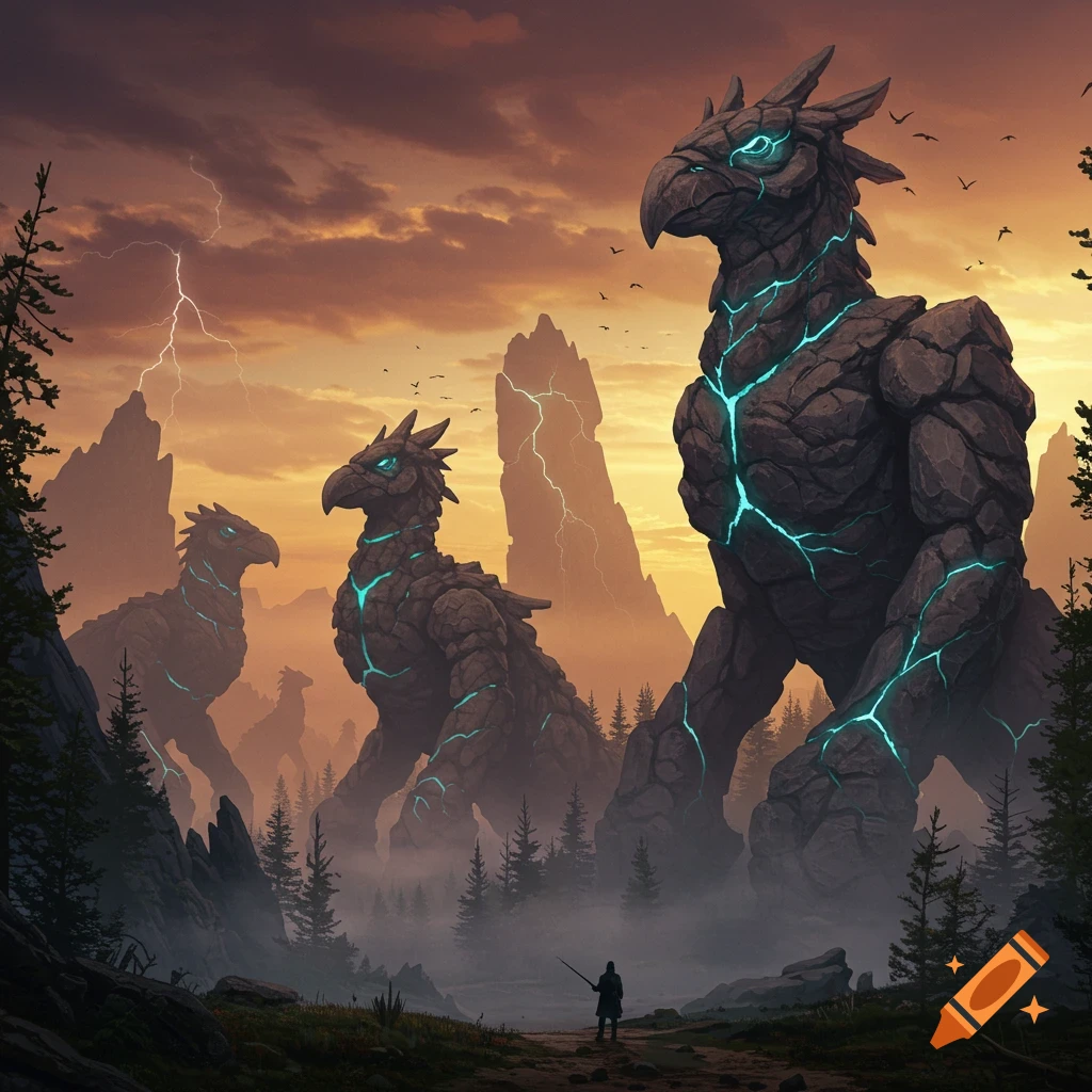 A small figure faces giant, bird-like rock monsters with glowing blue cracks in a misty valley. Stormy sunset sky with lightning over mountains.