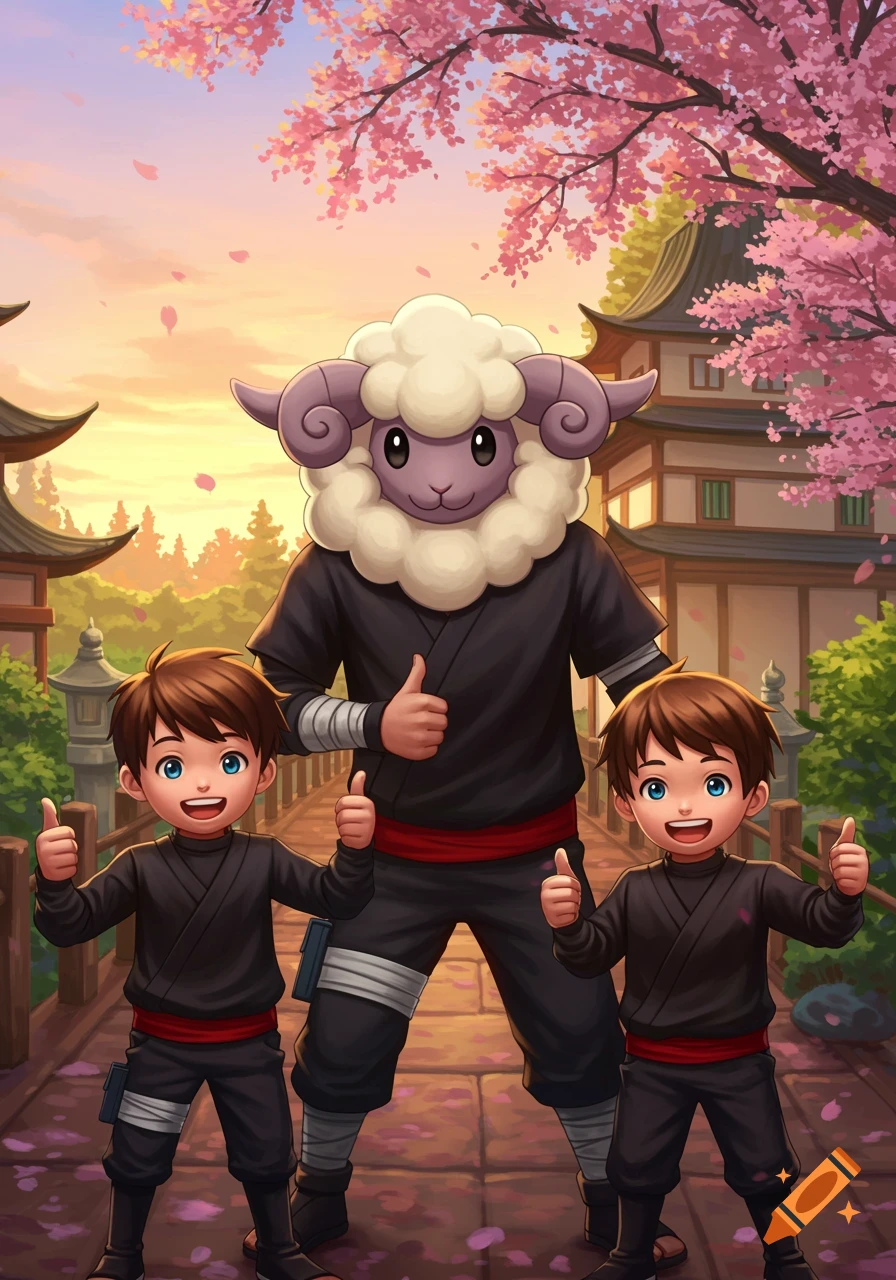A man with a large Flaaffy-like head and two boys in ninja outfits stand in a cherry blossom village, giving thumbs up. Anime style.