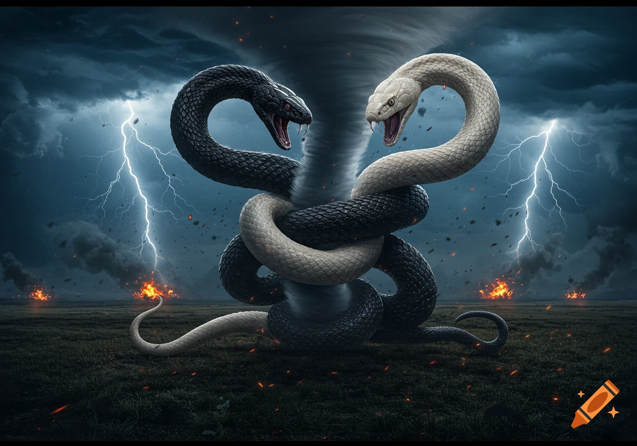 A black and a white snake with fangs entwined around a large tornado, against a stormy sky with lightning and ground fires.