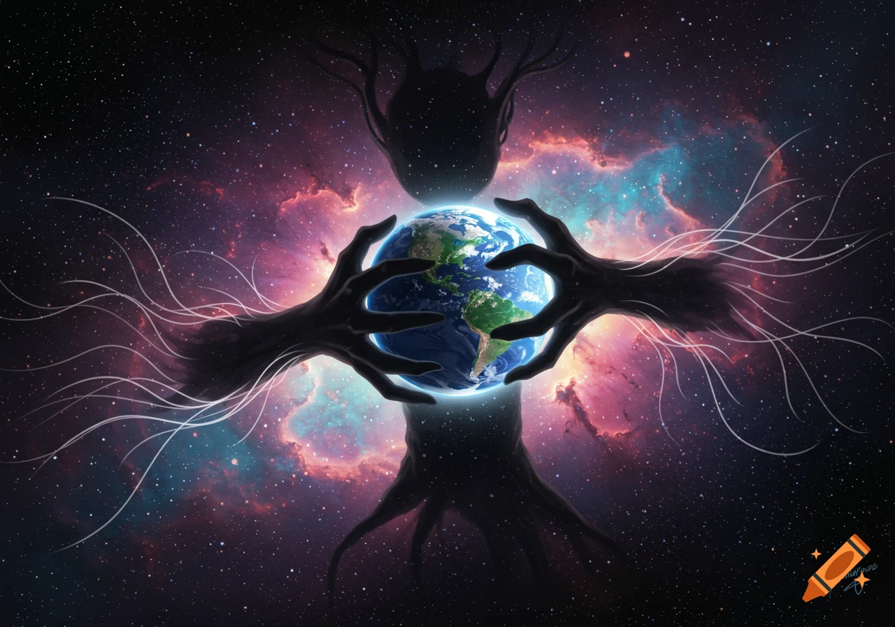 Shadowy, monstrous creature with many tendrils holding a glowing Earth in its hands against a vibrant nebula and star-filled space background.