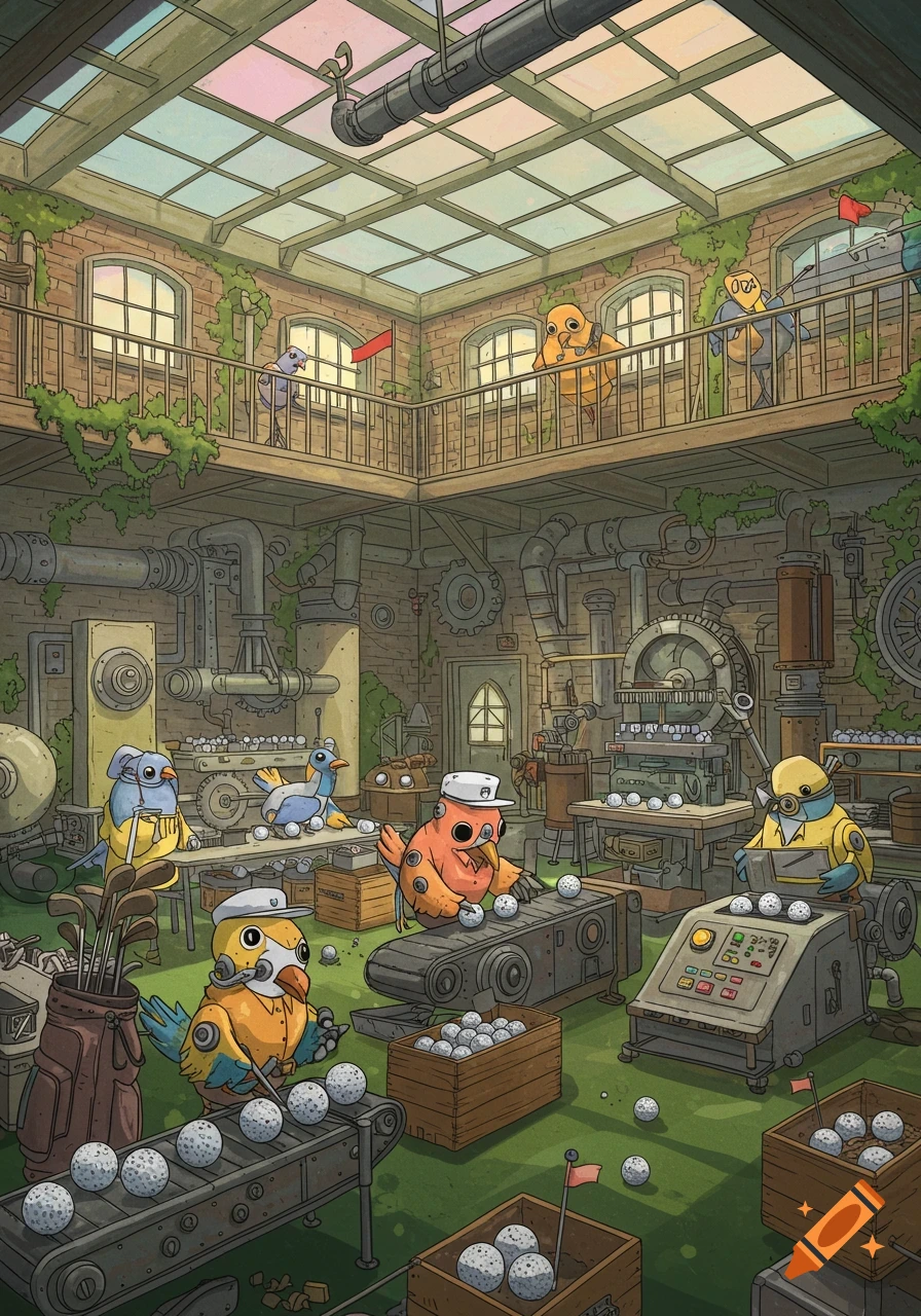 Cartoon birds work in a bustling factory, producing golf balls on conveyor belts and intricate machinery.