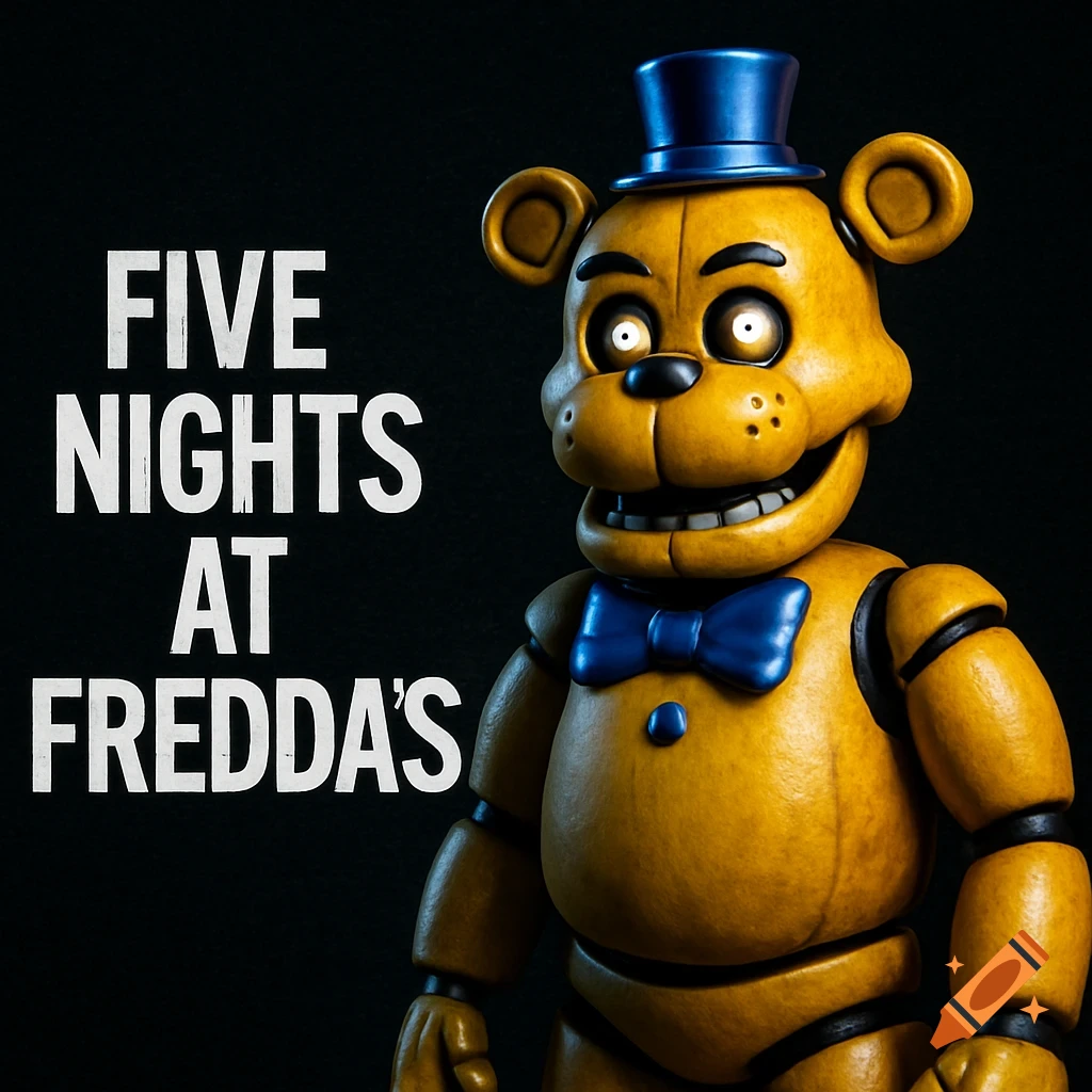 A 3D render of a yellow animatronic bear with a blue top hat and bow tie, with 'FIVE NIGHTS AT FREDDA'S' text.