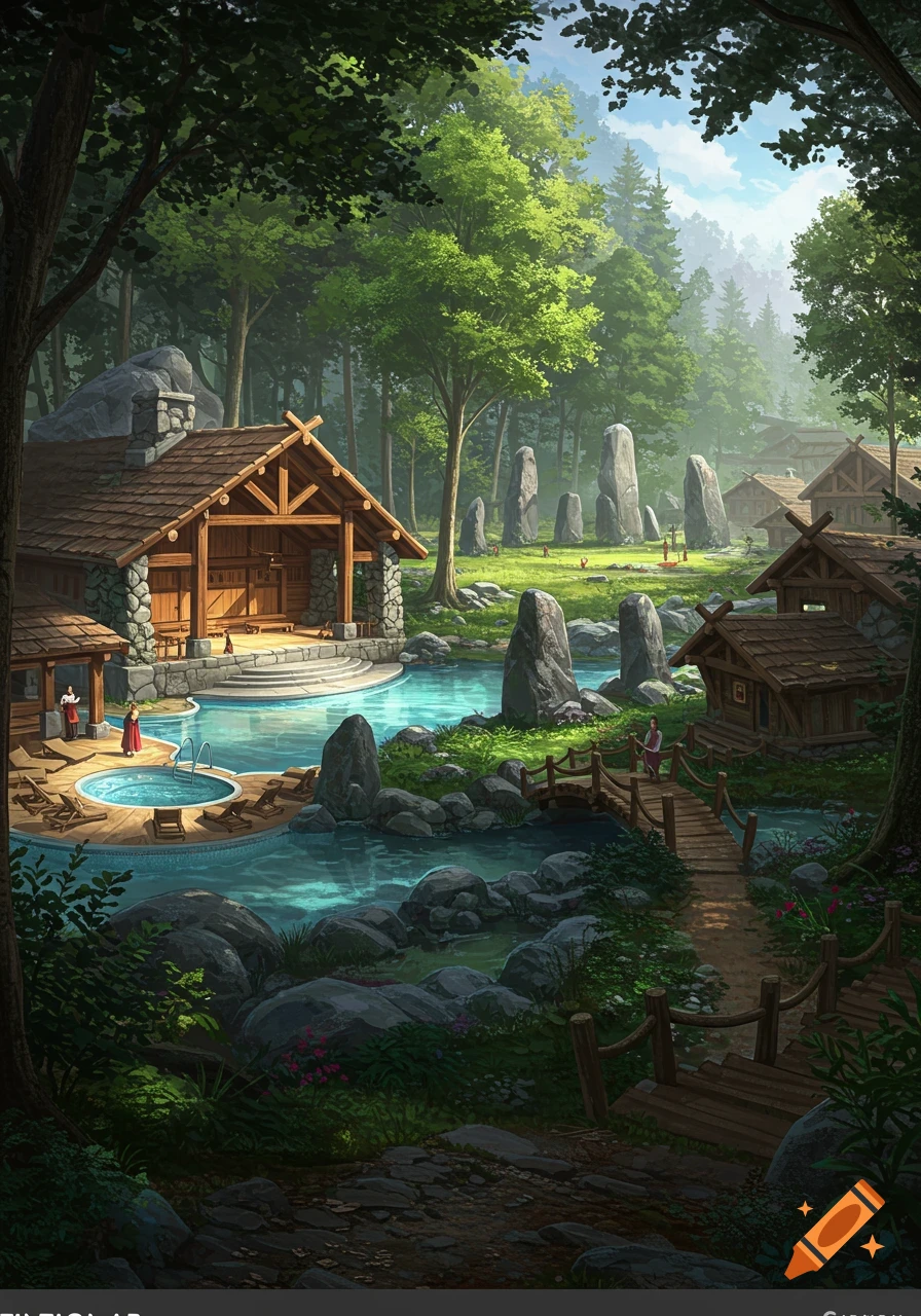 A serene forest resort scene with wooden cabins, a spa, a river, a bridge, and a stone circle in a clearing.