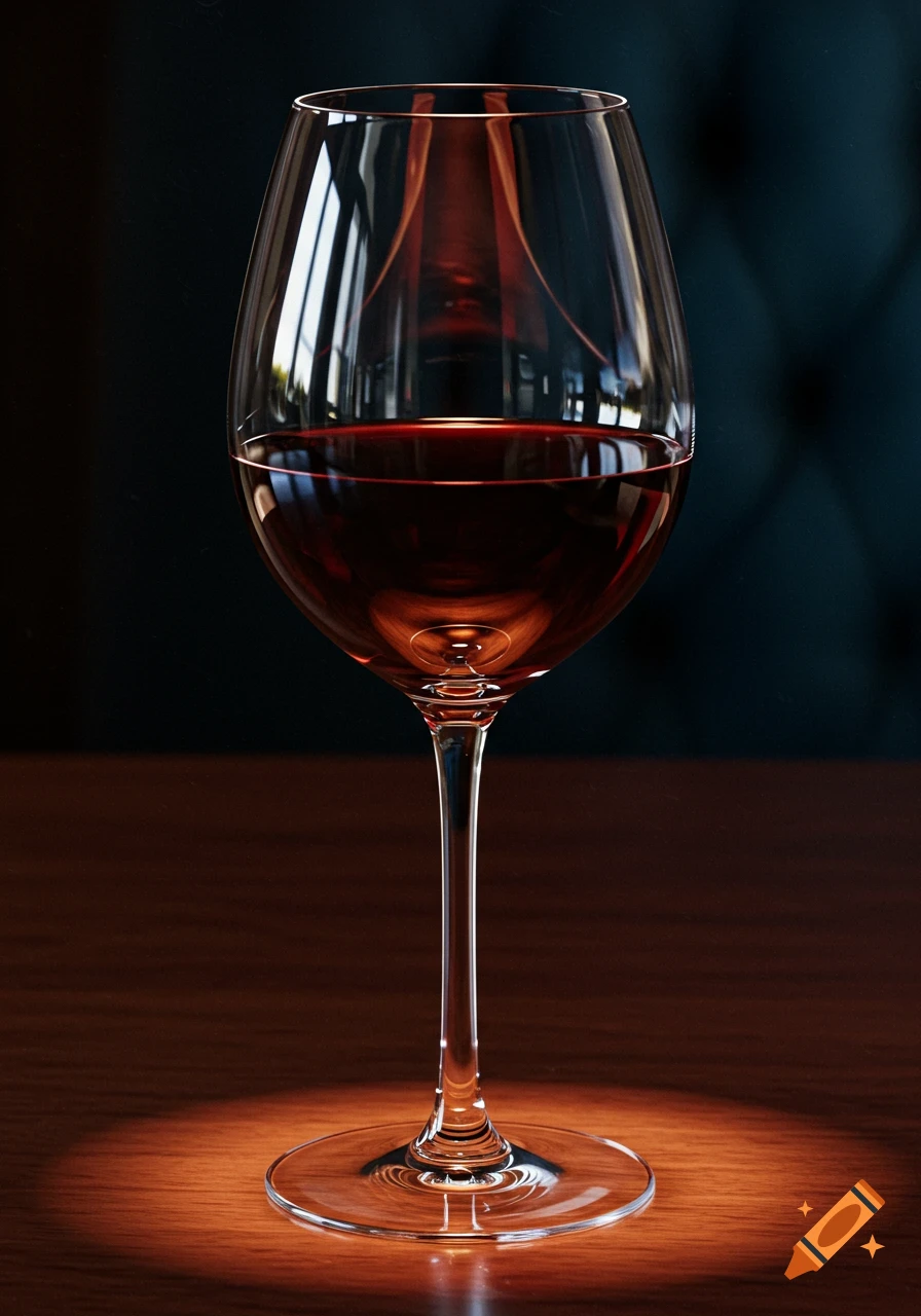 A photorealistic close-up of a full glass of red wine on a dark wooden table, with soft spotlighting and a blurred dark background.