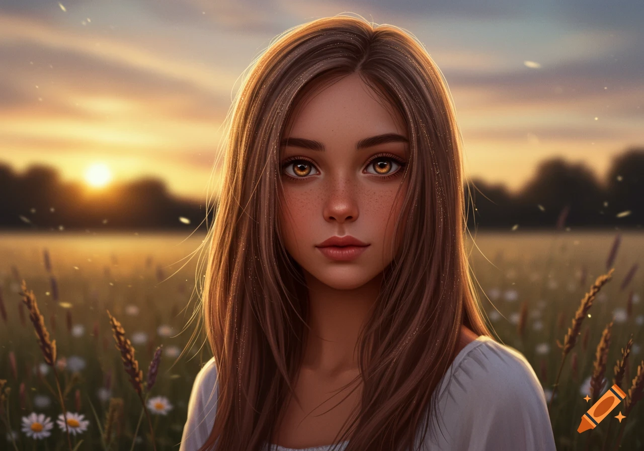 Photorealistic digital art portrait of a young woman with long brown hair, amber eyes, and freckles, in a sunlit field at sunset.