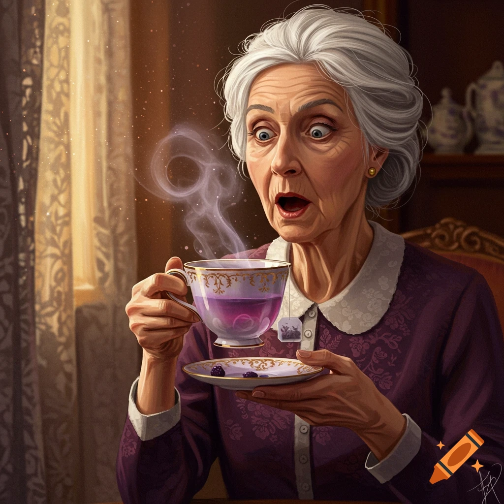 An illustration of a surprised older woman with white hair holding a teacup filled with glowing purple liquid and a teabag, with magical smoke rising.