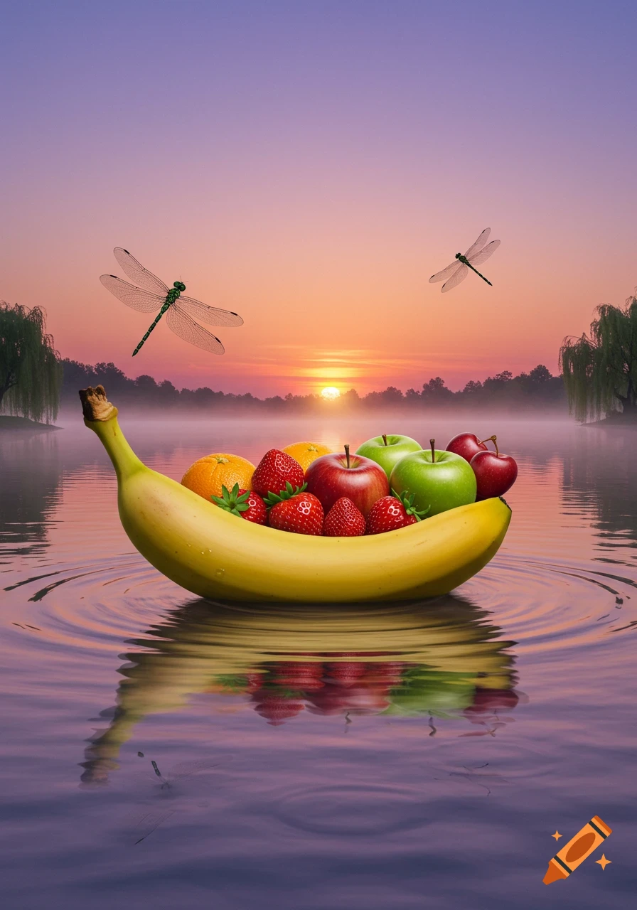 A large banana shaped like a boat floats on calm water, filled with strawberries, apples, and oranges. Two dragonflies fly above during a colorful sunset.