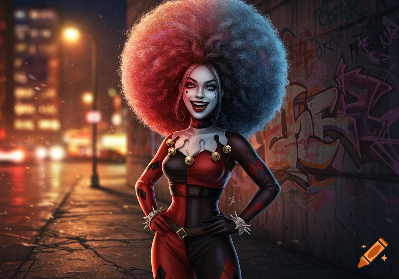 Harley Quinn with a red and blue afro, wearing her jester costume, smiles in a gritty, dimly lit city alley.