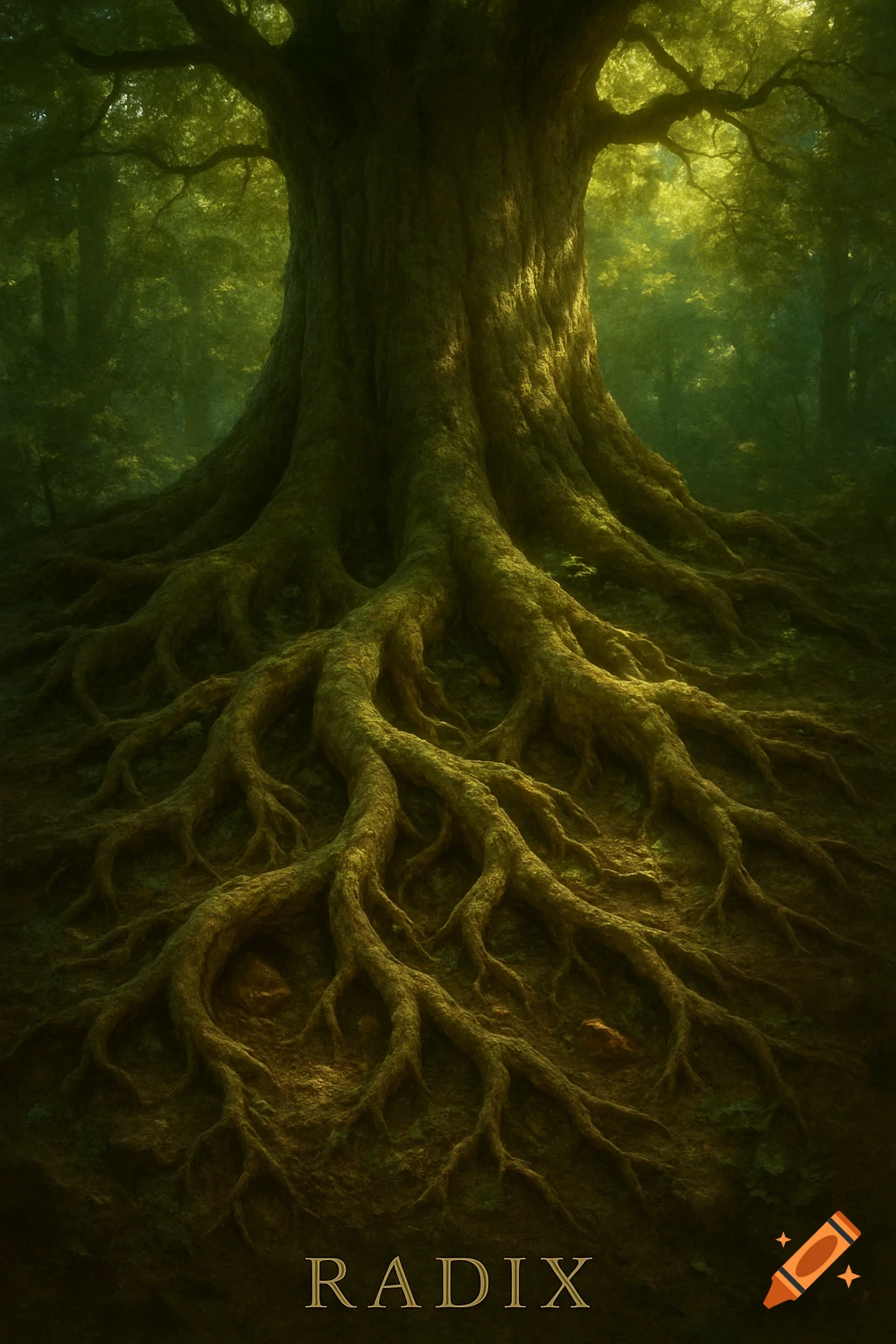 Large, ancient tree with prominent gnarled roots in a dark, mossy forest, with the word 'RADIX' at the bottom.