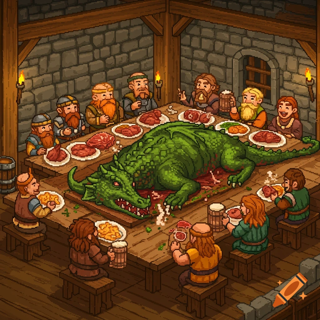 Pixel art image of bearded dwarves feasting on a large cooked green dragon at a long wooden table in a medieval tavern.