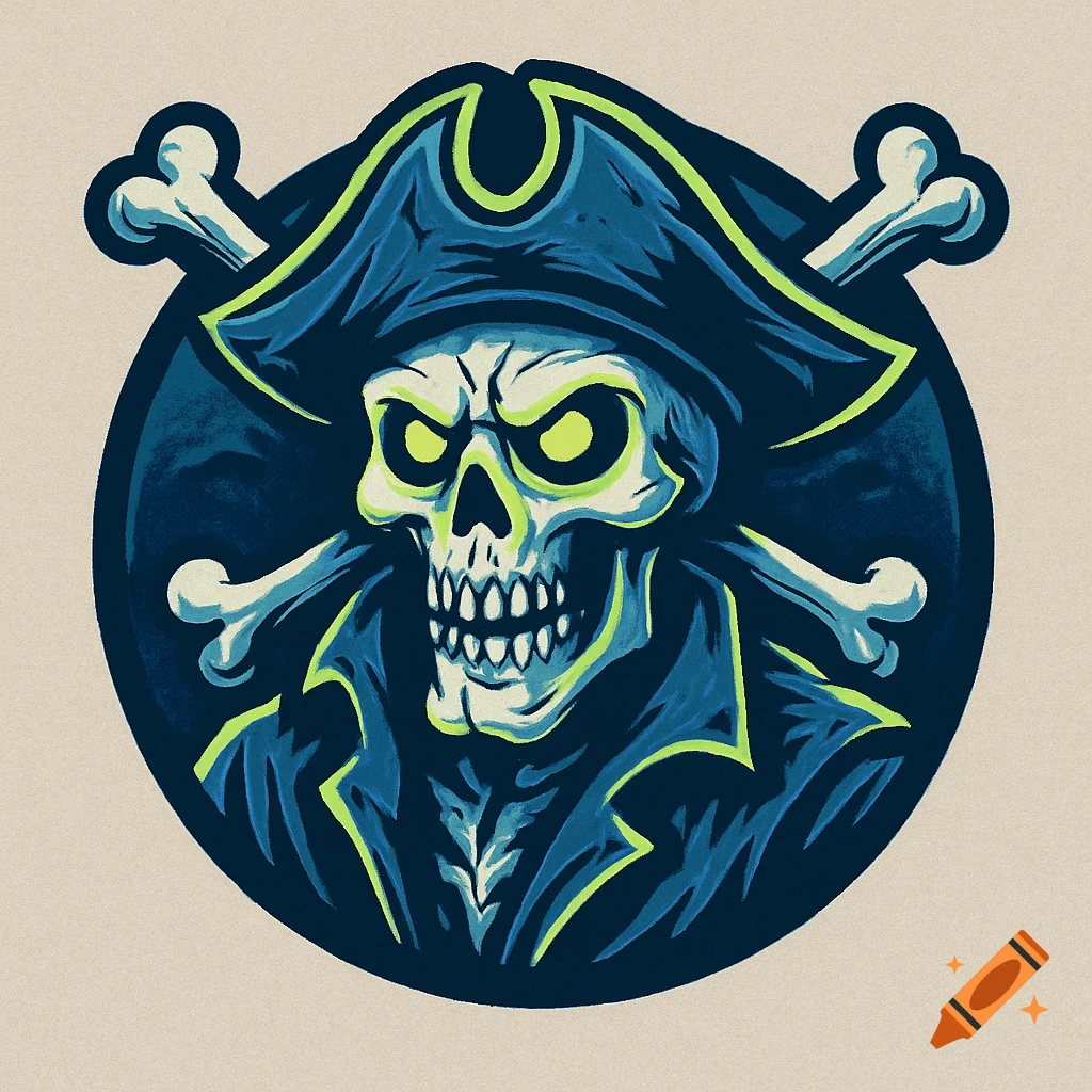 Stylized pirate skeleton logo in navy blue and lime green with crossed bones.