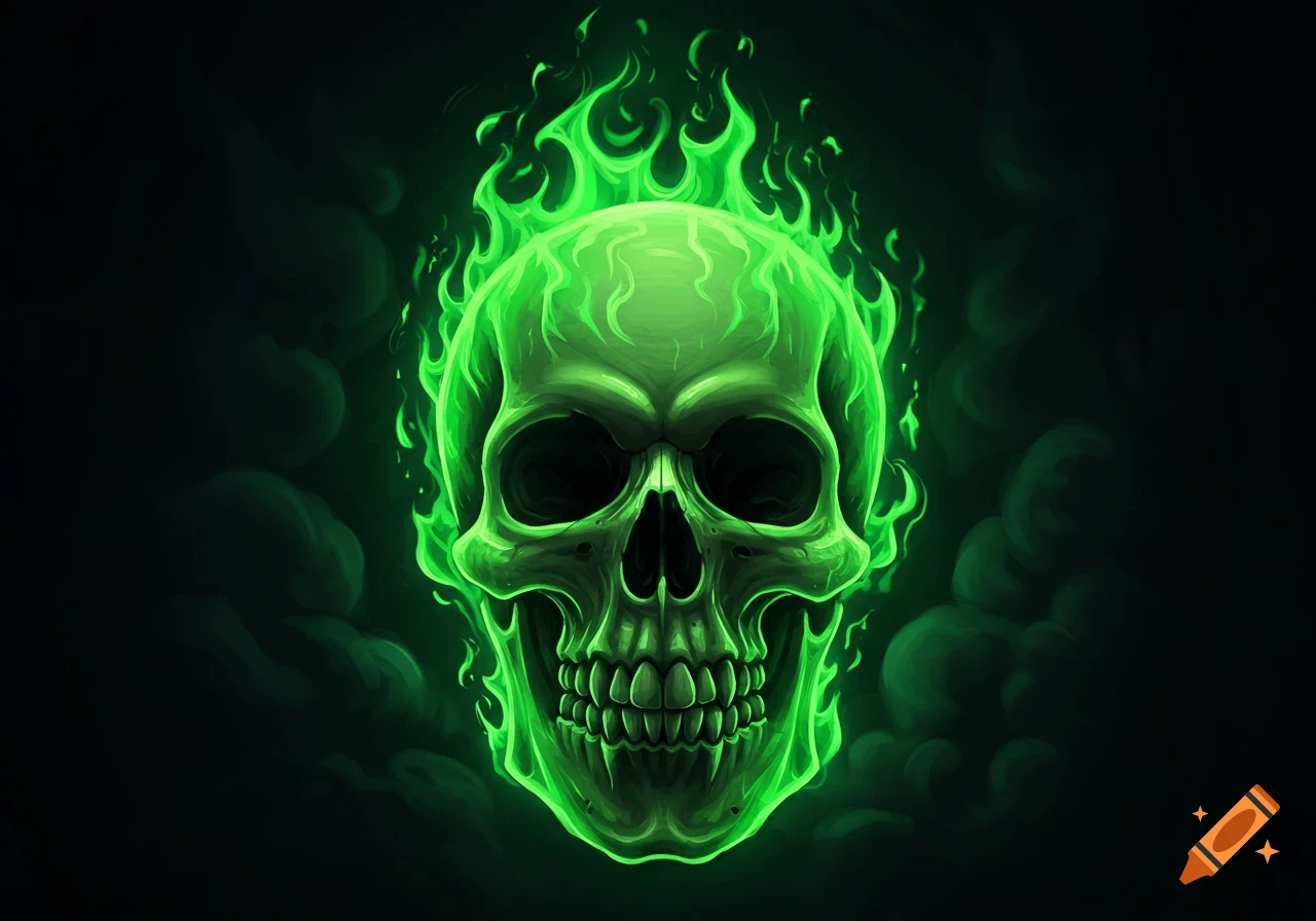 A stylized green flaming skull with green smoke on a dark background, facing forward.
