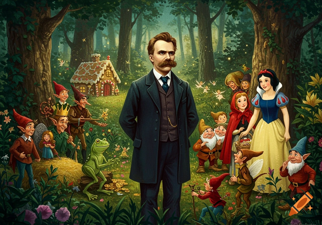 Philosopher Nietzsche with Snow White, dwarves, and fairy tale characters in a whimsical, enchanted forest with a gingerbread house.