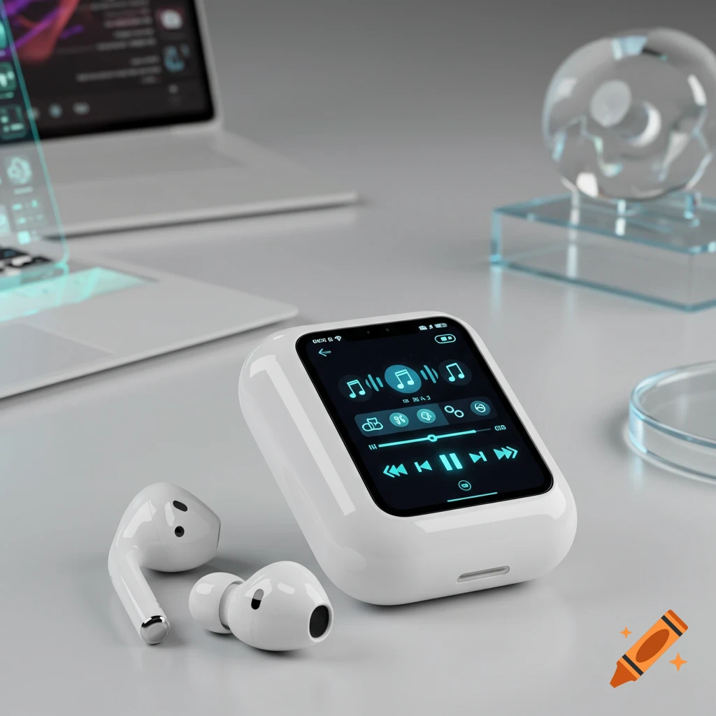 Close-up photorealistic shot of white AirPods next to a white charging case with a screen displaying a music player UI. A laptop is blurred in the background.