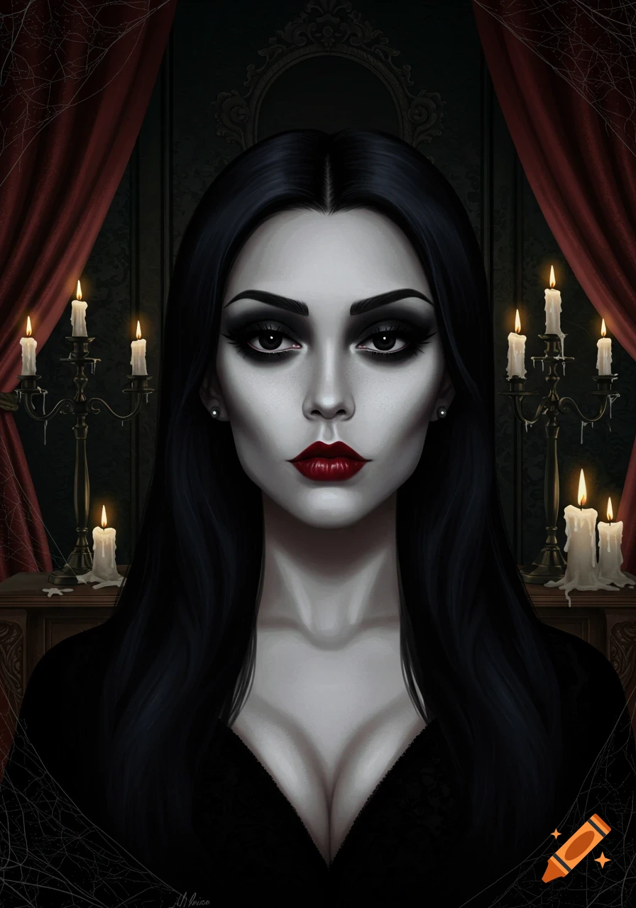 Stylized portrait of a gothic woman with pale skin, dark makeup, and long black hair, in a candlelit room with red drapes.
