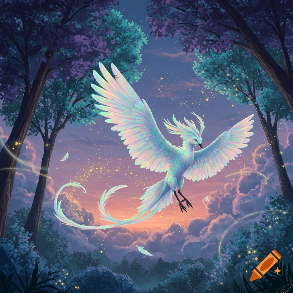 An iridescent fantasy bird with long tails and wide wings flies through a mystical forest at sunset, with glowing sparkles.