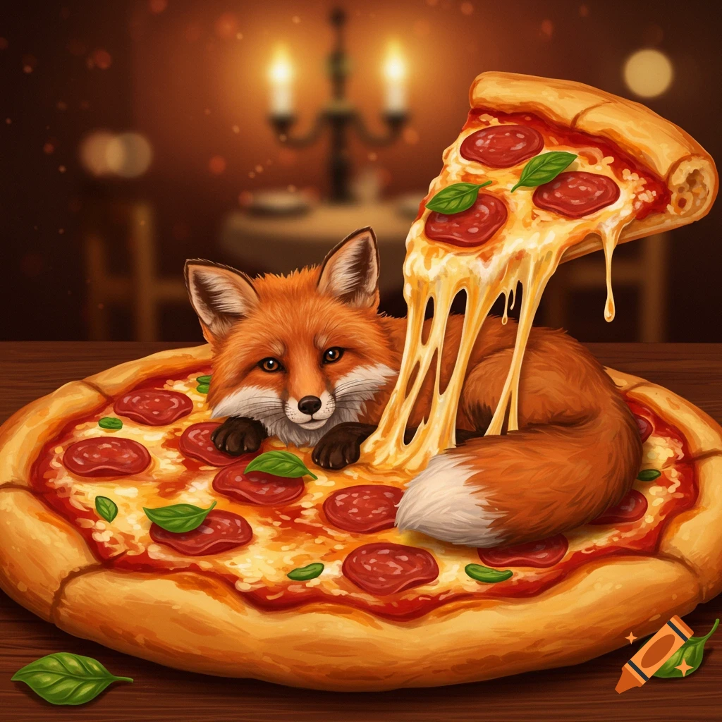 A charming illustration of a red fox peeking out from a pepperoni pizza, with a slice being pulled away, dripping cheese.