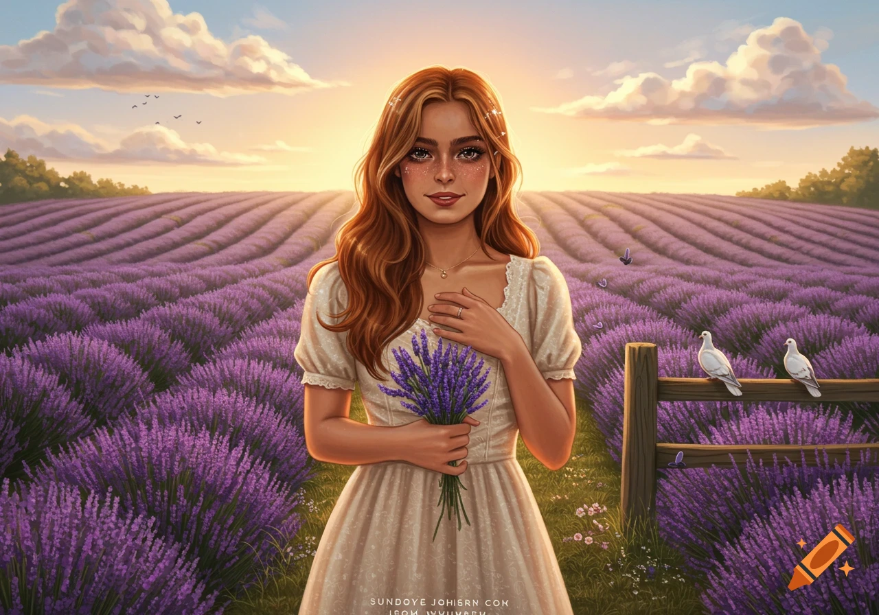 A woman with long auburn hair stands in a vast lavender field at sunset, holding a bouquet of lavender.