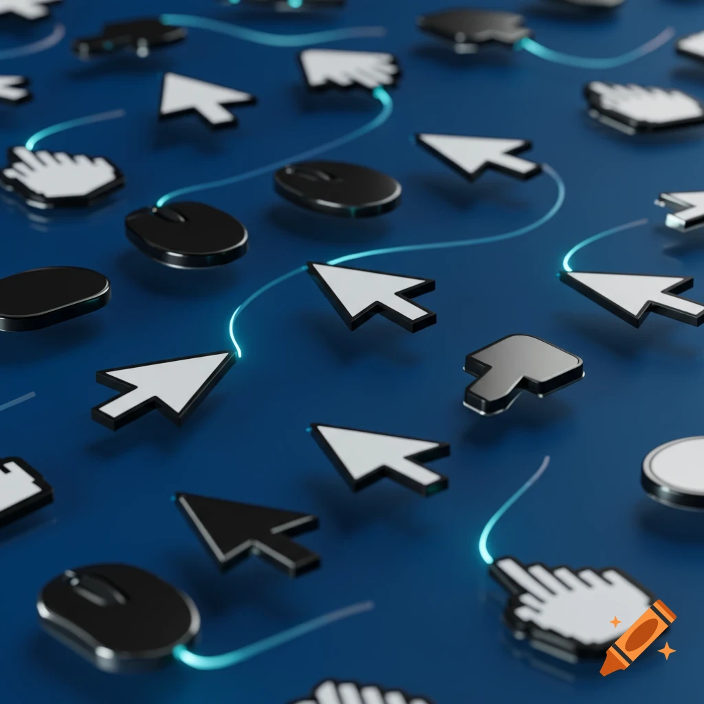 A 3D rendering of various white and black computer mouse cursors and black computer mice on a blue surface, connected by glowing blue lines.